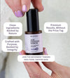Hand holding a bottle of 'Simple Body' Age Defense Serum with text on a blurred background.