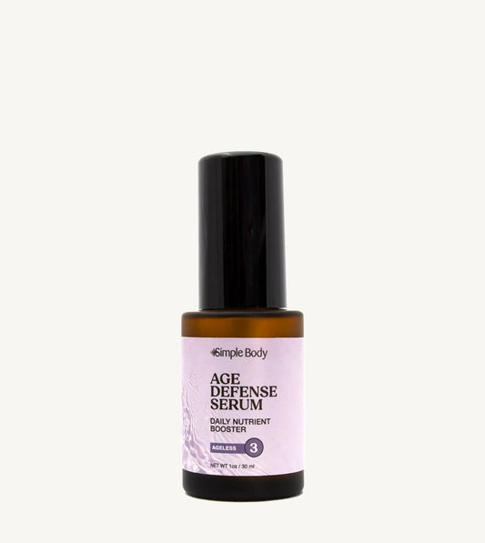 Age defense serum bottle with black cap and purple label on a white background