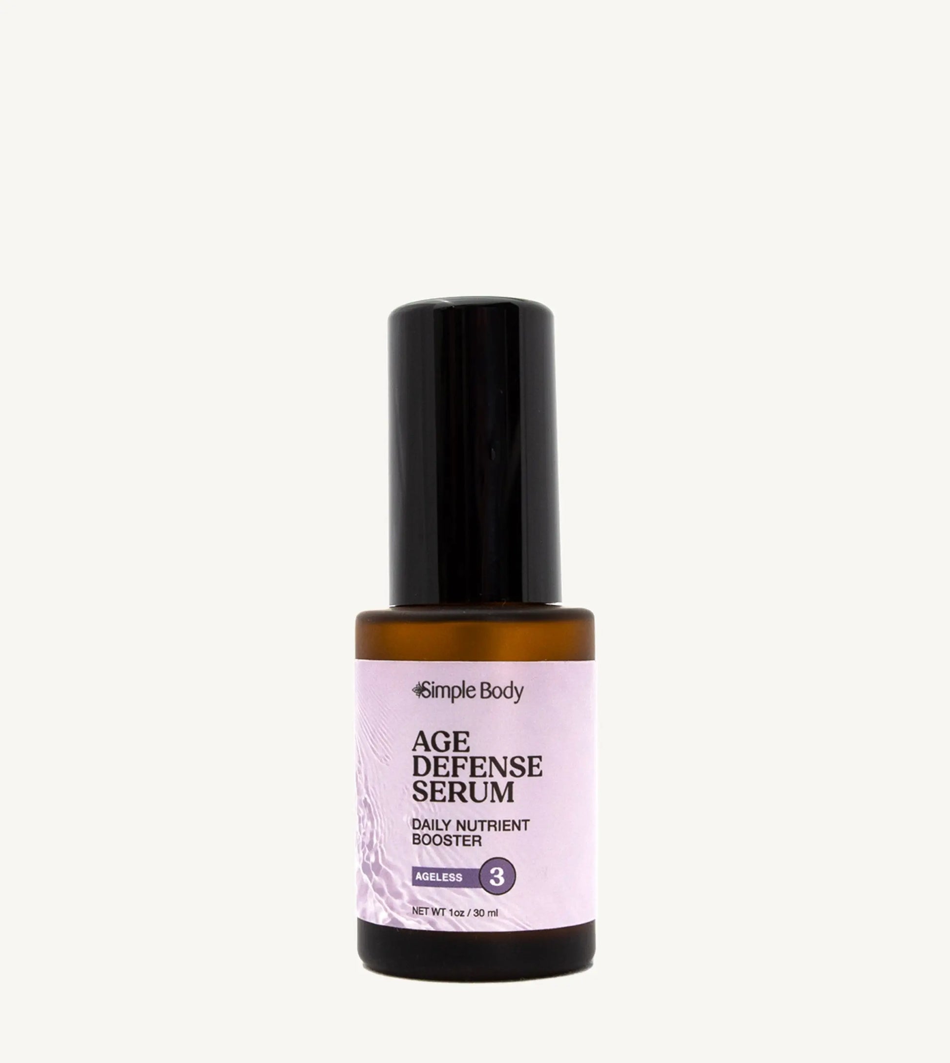 Age defense serum bottle with black cap and purple label on a white background
