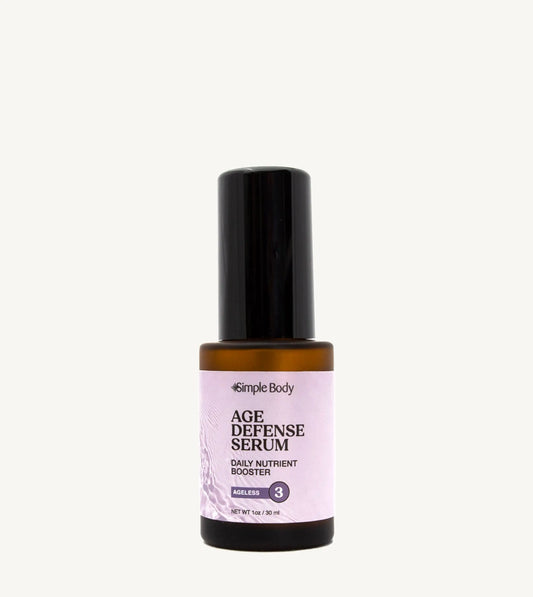 Age defense serum bottle with black cap and purple label on a white background