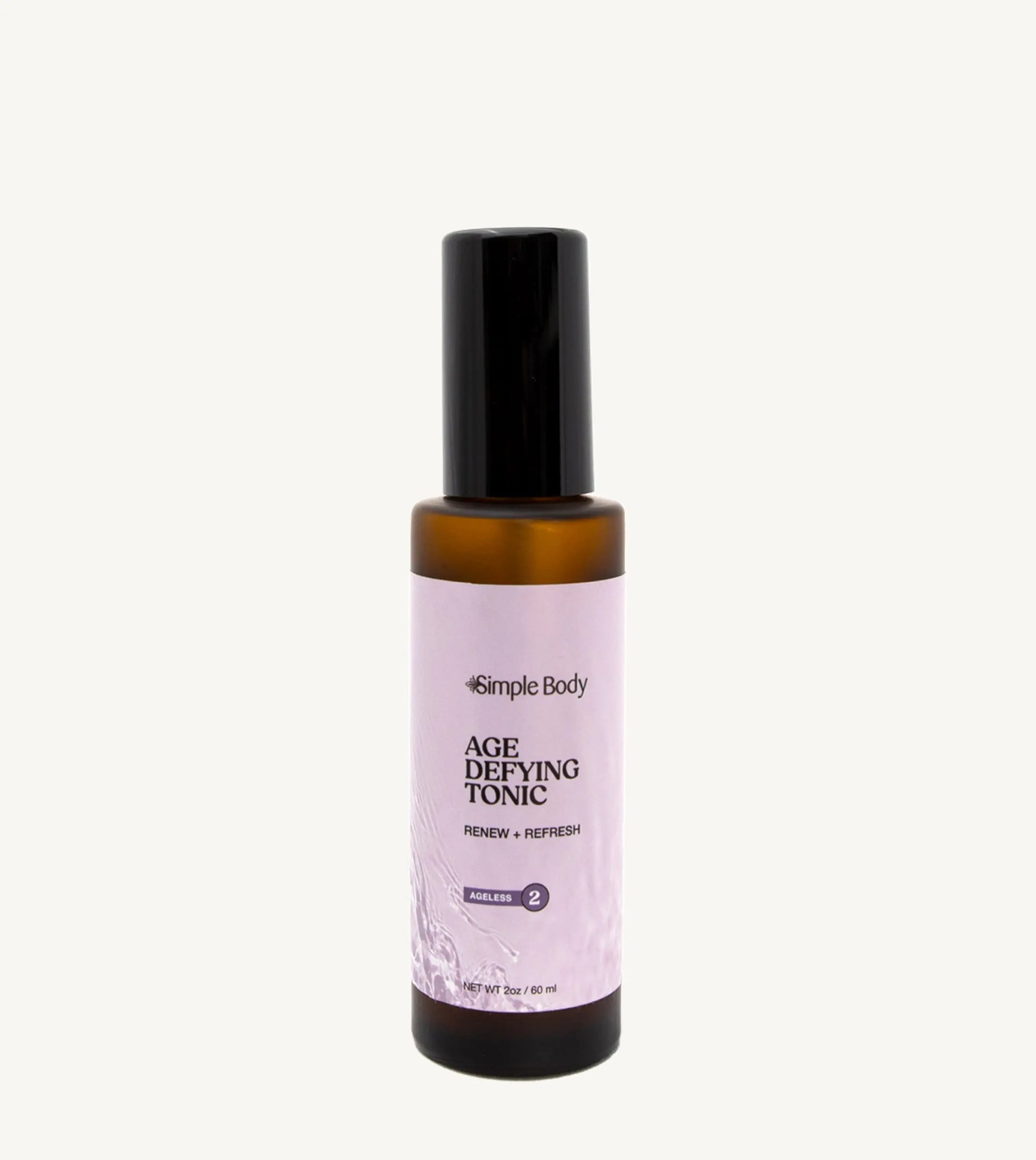 An amber bottle of Simple Body Age Defying Tonic on a tan background
