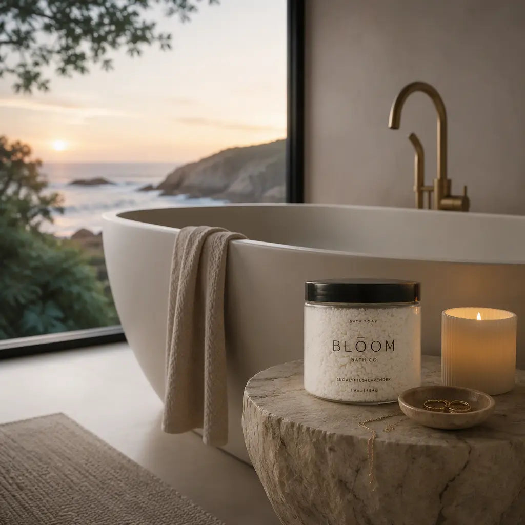 An image of Bloom Bath Co Lavender and Eucalyptus Bath Salt sitting next to a luxury Tub with a view overlooking the ocean
