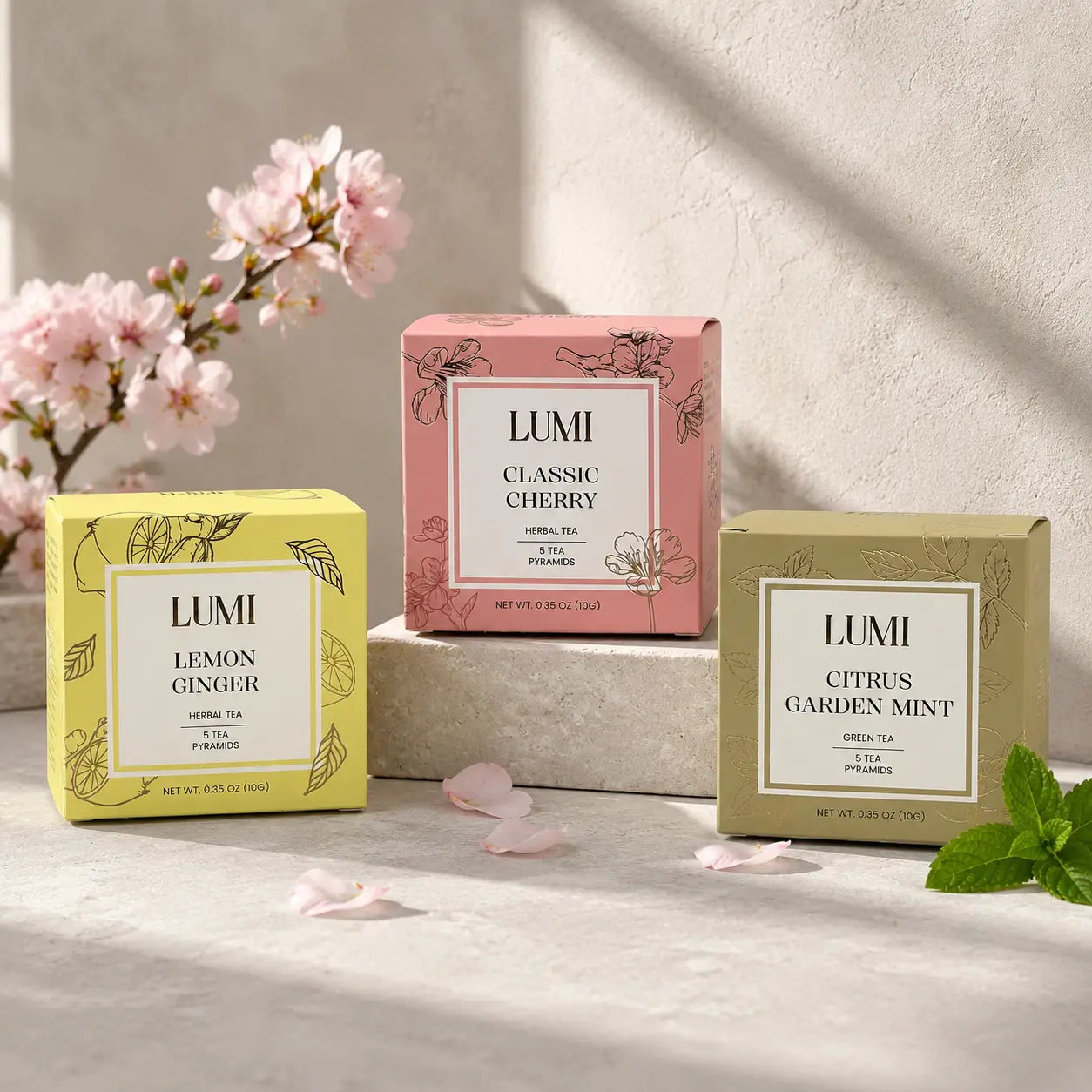 Three LUMI tea boxes on a light surface with cherry blossoms and mint leaves.