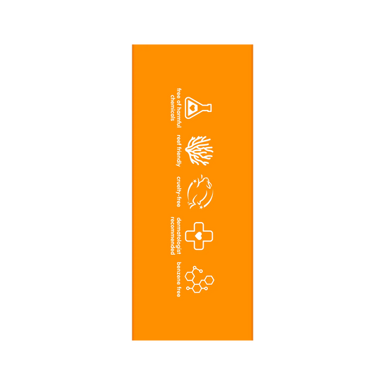 Orange label packaging with white icons and text on a white background