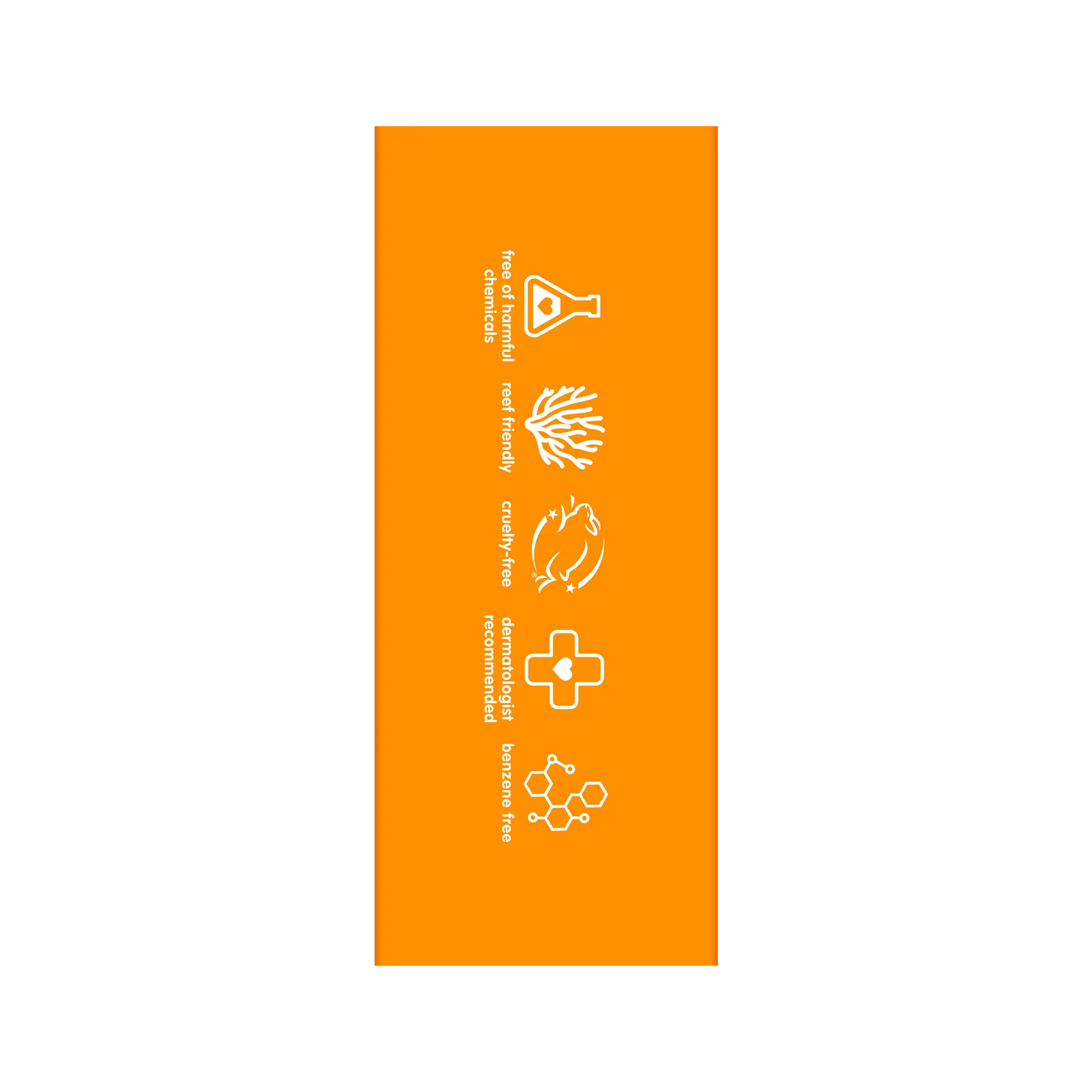 Orange label packaging with white icons and text on a white background