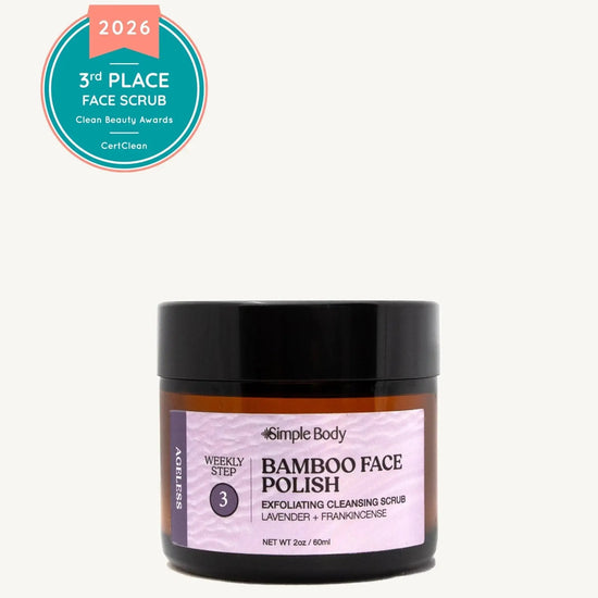 Simple Body Bamboo Face Polish jar with a 2026 3rd Place Face Scrub award on a white background