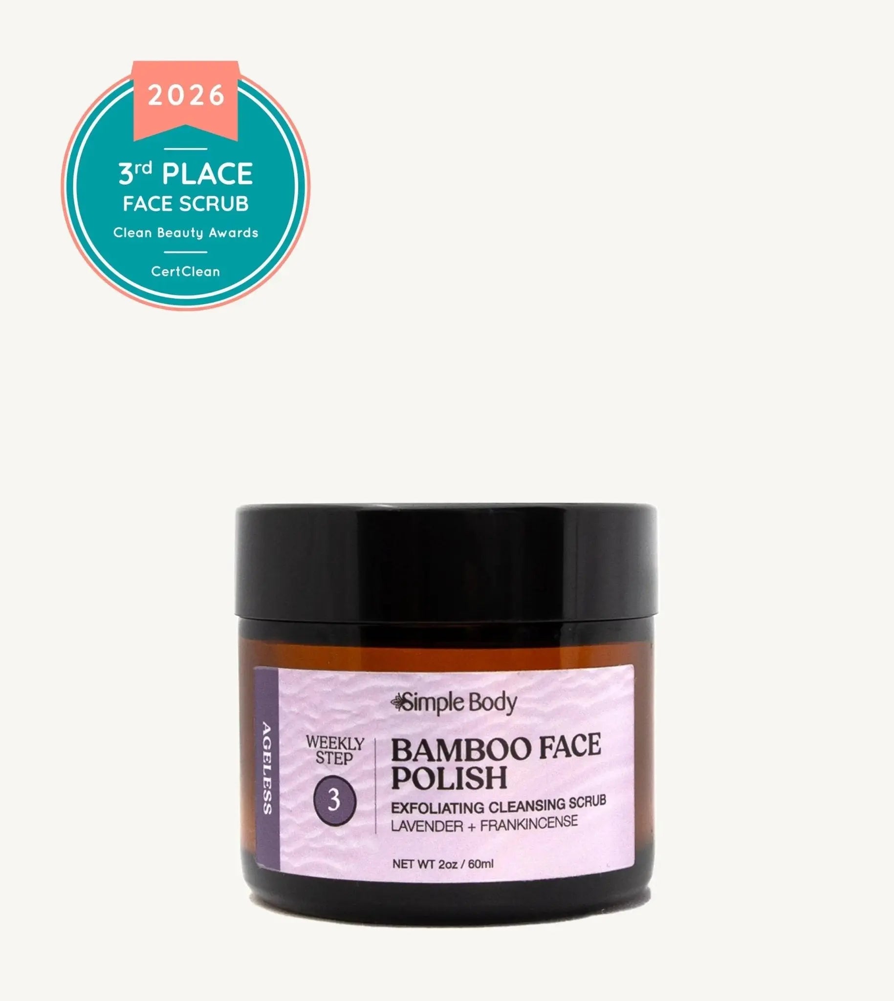 Simple Body Bamboo Face Polish jar with a 2026 3rd Place Face Scrub award on a white background