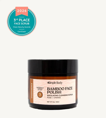 Jar of Simple Body Bamboo Face Polish with a 2026 award badge on a white background