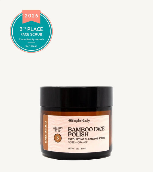 Jar of Simple Body Bamboo Face Polish with a 2026 award badge on a white background