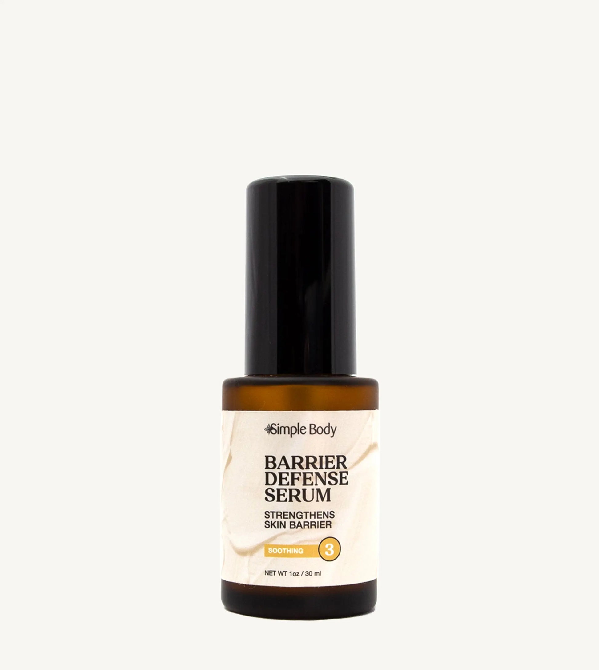 Barrier Defense Serum bottle on a tan background