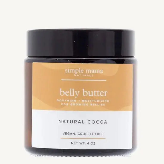 Jar of Unscented Simple Mama Belly Butter with a label on a tan background