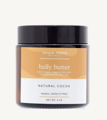 Jar of Unscented Simple Mama Belly Butter with a label on a tan background