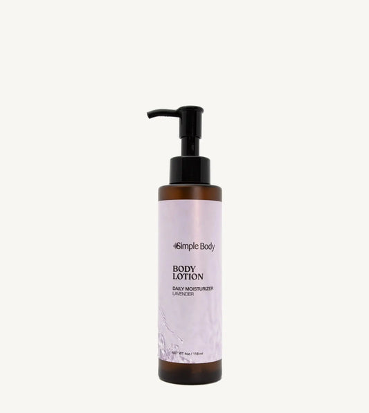 Simple Body lotion in Lavender, amber colored bottle with pump on a tan background