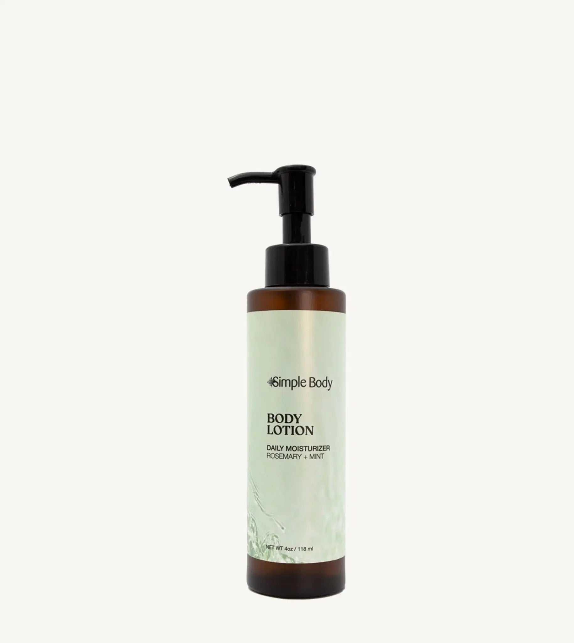 Simple Body Rosemary Mint body lotion bottle with pump on a tan background