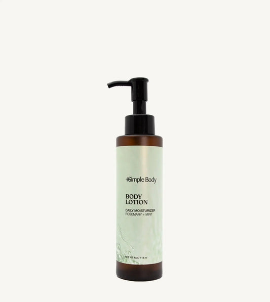 Simple Body Rosemary Mint body lotion bottle with pump on a tan background