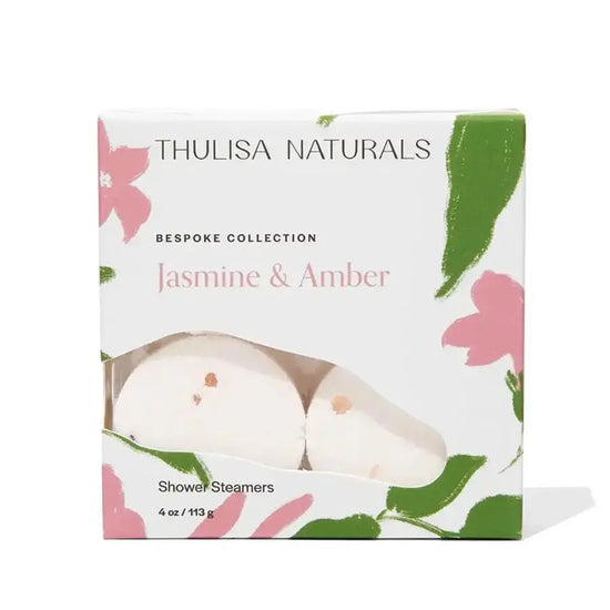 Thulisa Naturals Jasmine & Amber shower steamers packaging with floral design