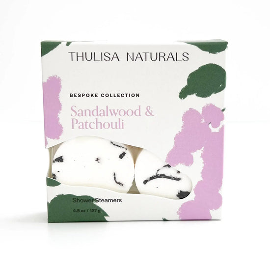 Thulisa Naturals Sandalwood & Patchouli shower steamers packaging on a white background