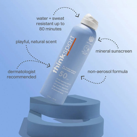 ThinkSport sunscreen bottle on a blue background with features highlighted