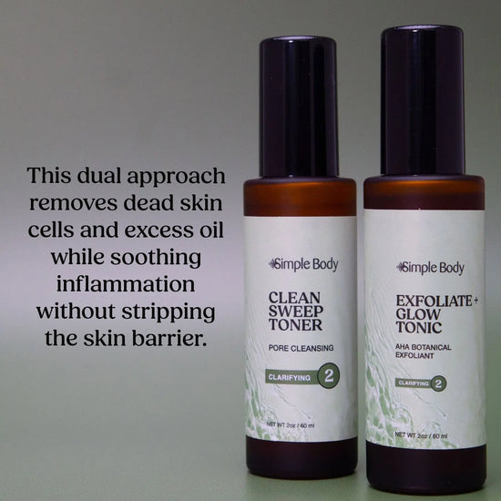 Two Simple Body products, Clean Sweep Toner and Exfoliate and Glow Tonic with descriptive text explaining on how they work together to combat acne on a gray green background.