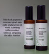 Two Simple Body products, Clean Sweep Toner and Exfoliate and Glow Tonic with descriptive text explaining on how they work together to combat acne on a gray green background.