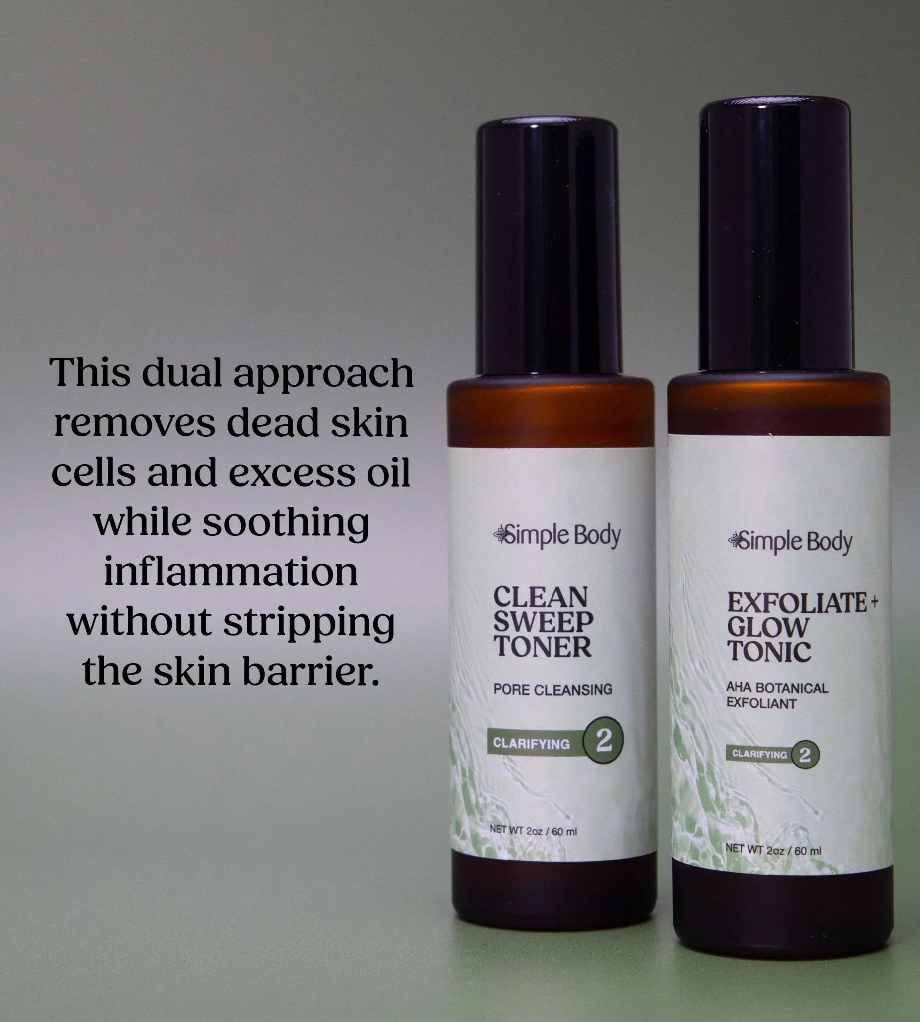 Two Simple Body products, Clean Sweep Toner and Exfoliate and Glow Tonic with descriptive text explaining on how they work together to combat acne on a gray green background.