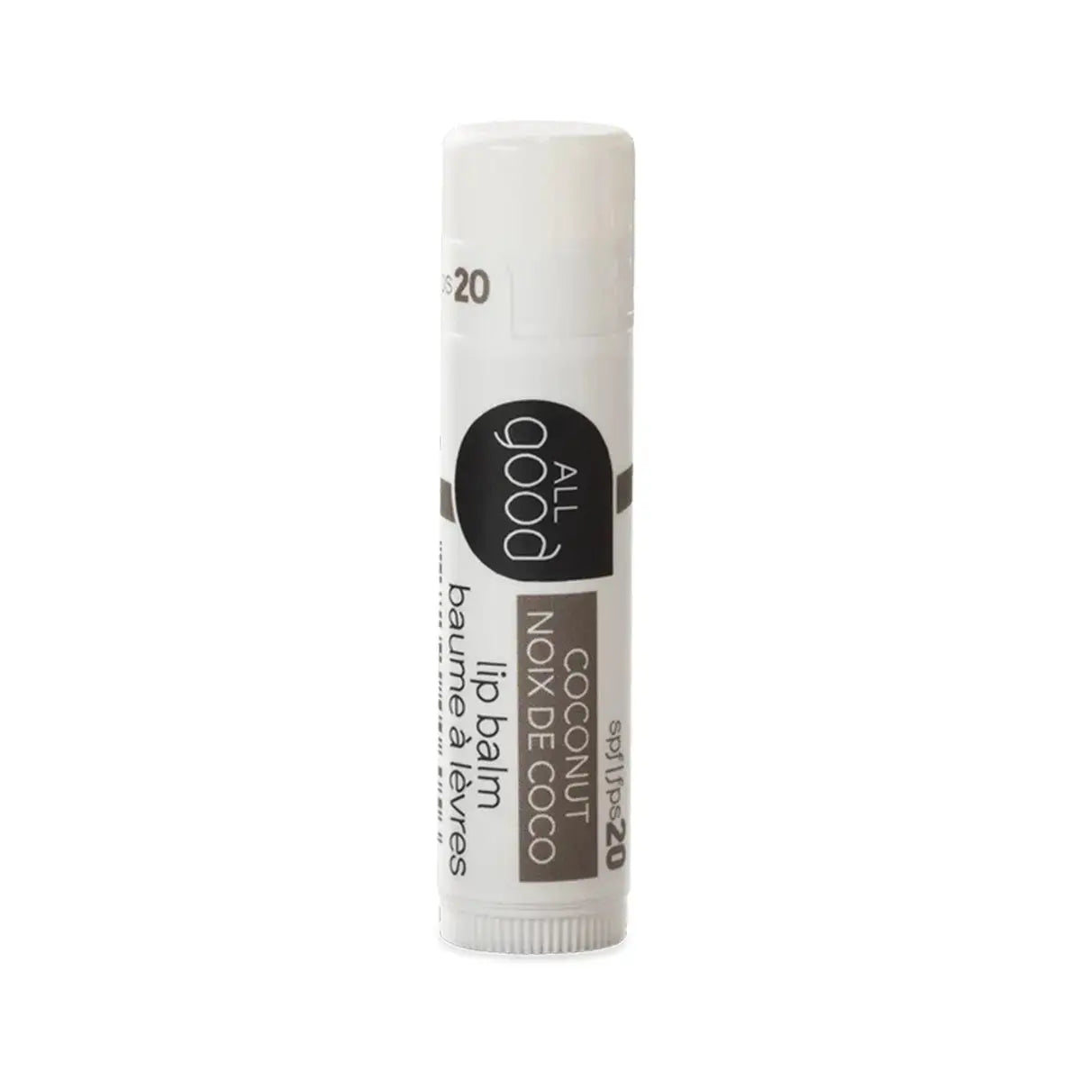 Coconut Lip balm stick with 'all good' branding on a white background