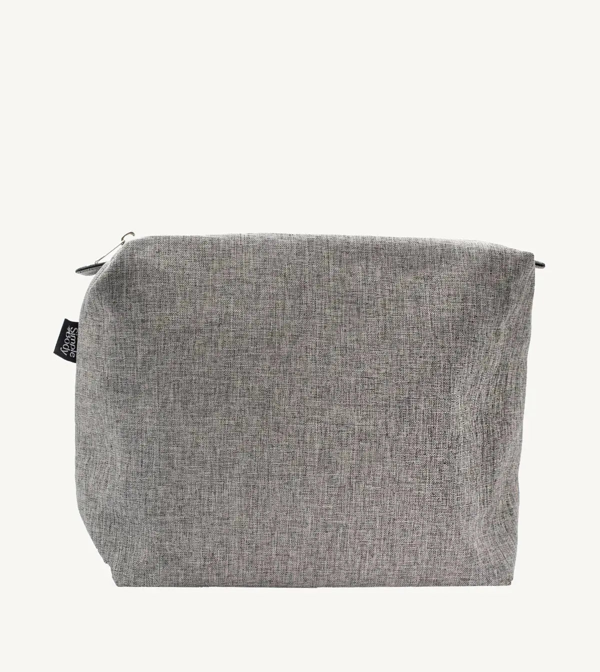 A gray linen cosmetic bag with a zipper closure and a tag visible on the side.