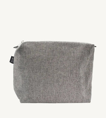 A gray linen cosmetic bag with a zipper closure and a tag visible on the side.
