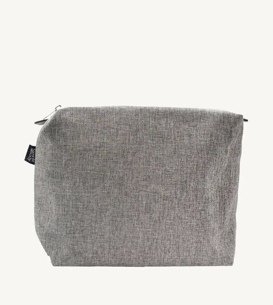 A gray linen cosmetic bag with a zipper closure and a tag visible on the side.