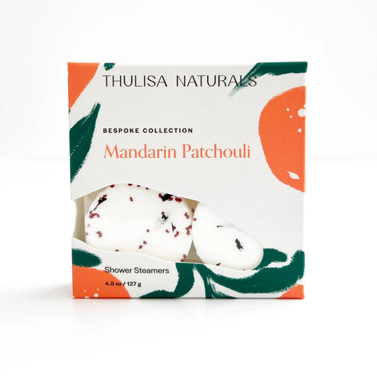 Thulisa Naturals Mandarin Patchouli shower steamers packaging on a white background
