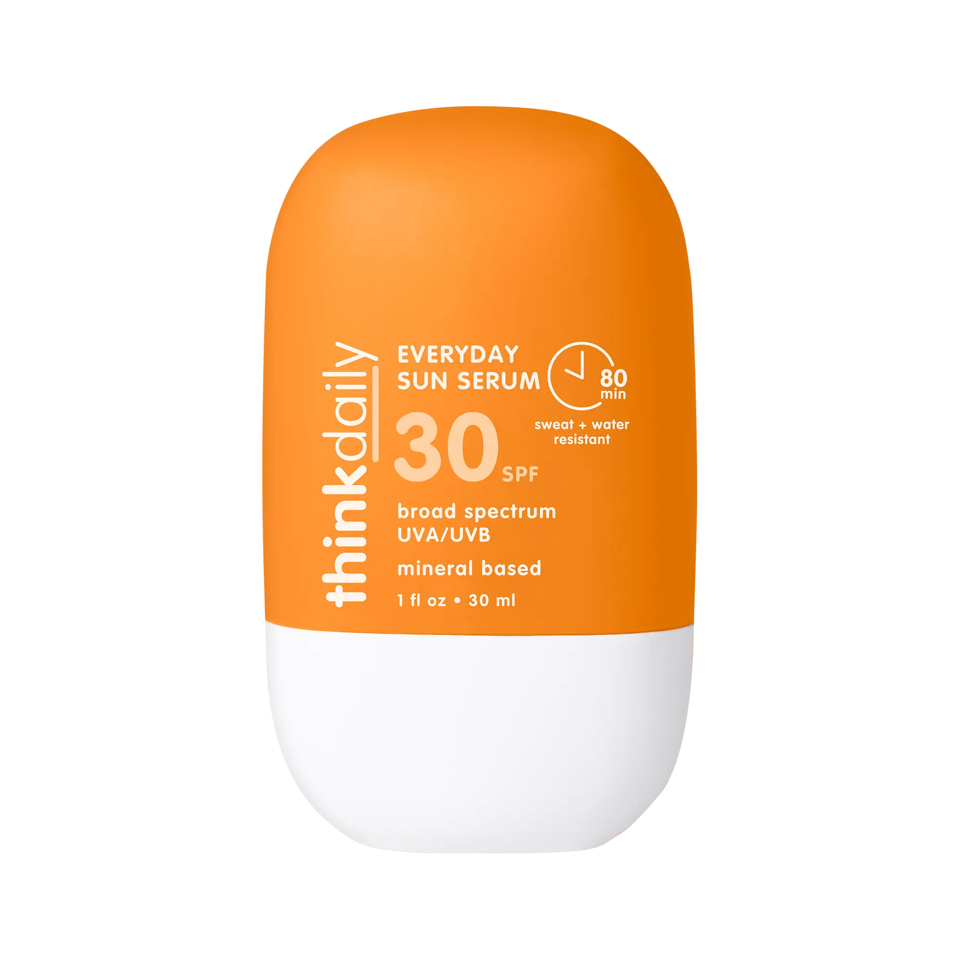 Orange and white sunscreen bottle with 'think daily' branding on a white background