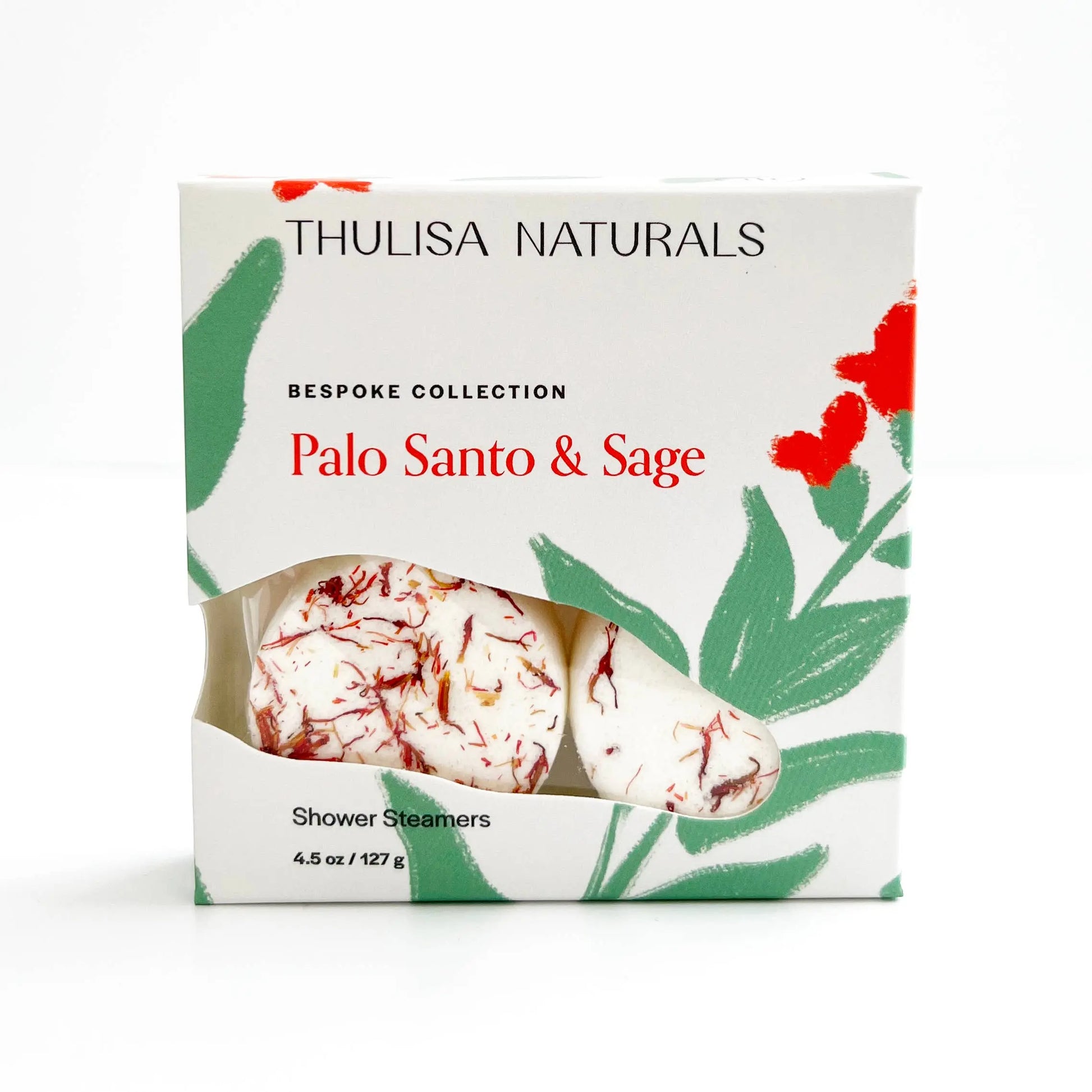 Thulisa Naturals Palo Santo & Sage shower steamers packaging with floral design