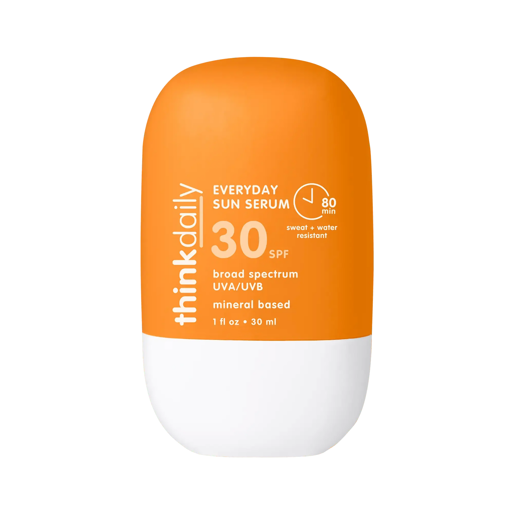 Orange and white sunscreen bottle with 'think daily' branding on a white background