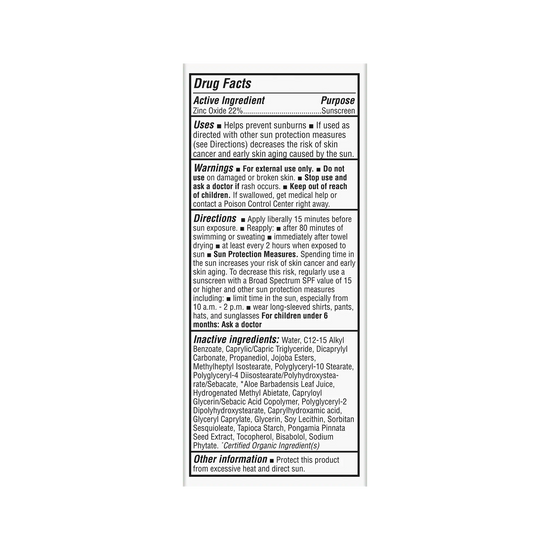 Sunscreen label with active ingredients and directions on a white background