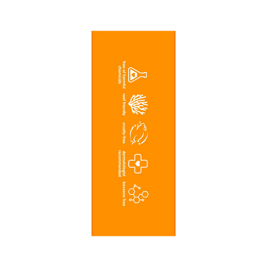 Orange label packaging with white icons and text on a white background