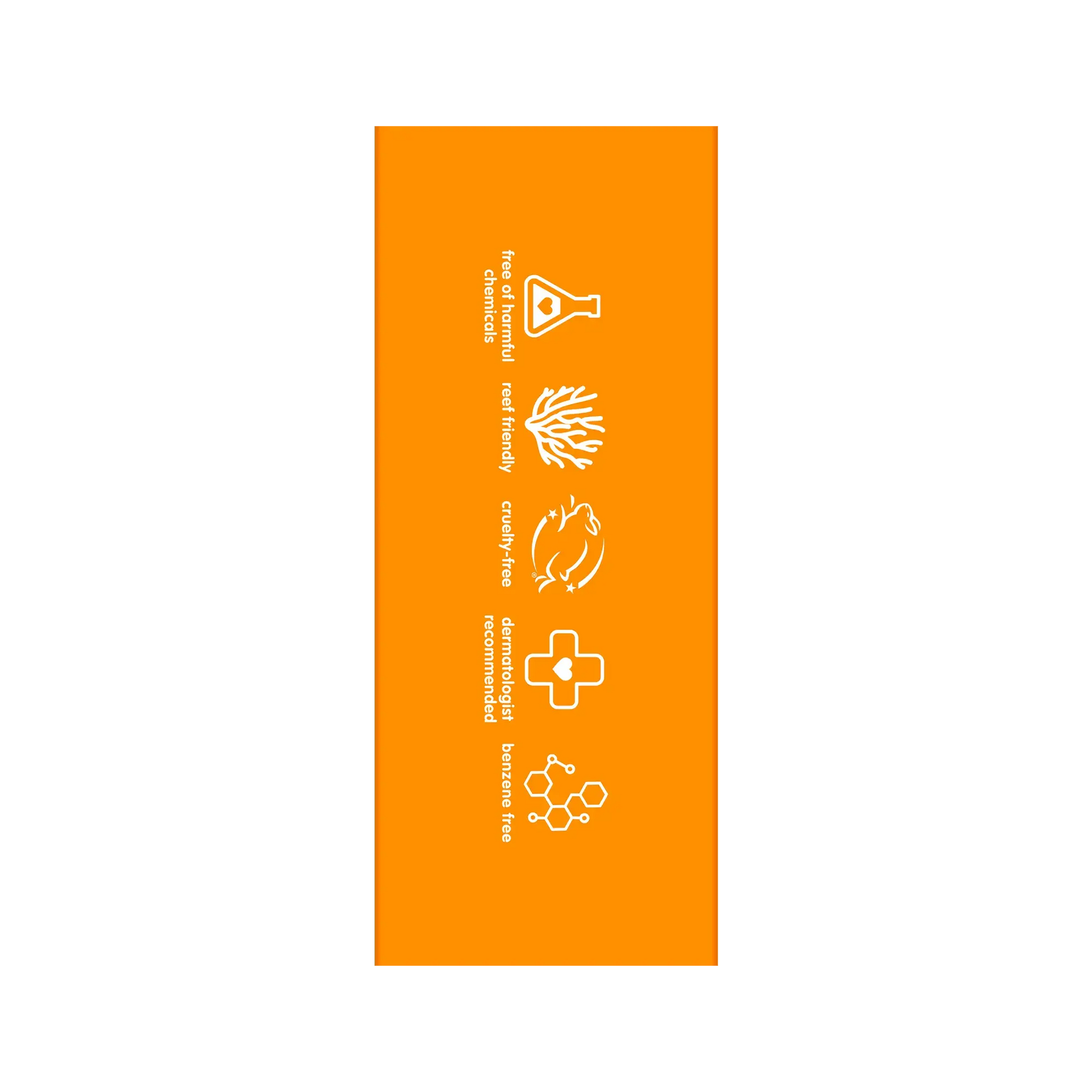 Orange label packaging with white icons and text on a white background
