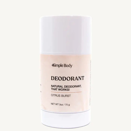 A white tube of Simple Body Deodorant, labeled as 'Natural Deodorant That Works', Citrus Burst, with net weight of 3 oz / 75g.