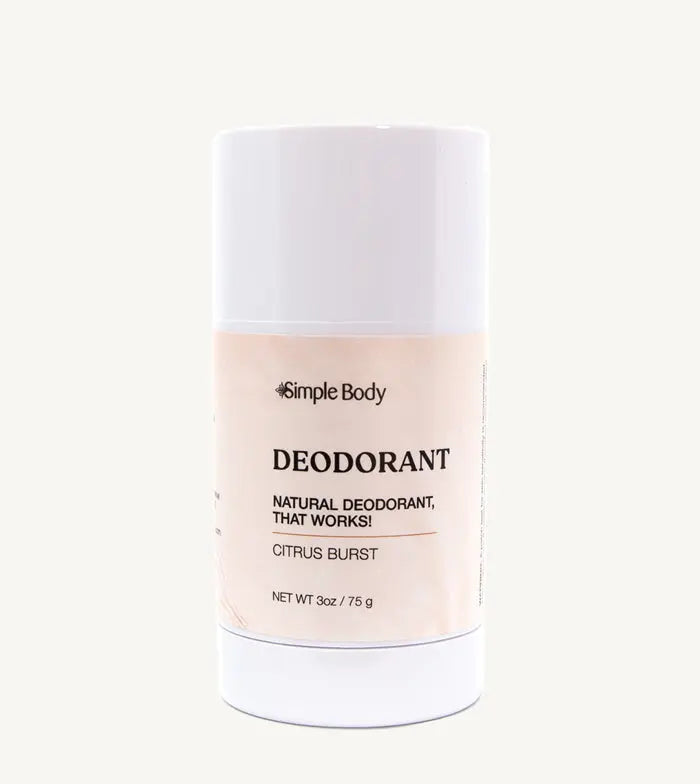 A white tube of Simple Body Deodorant, labeled as 'Natural Deodorant That Works', Citrus Burst, with net weight of 3 oz / 75g.