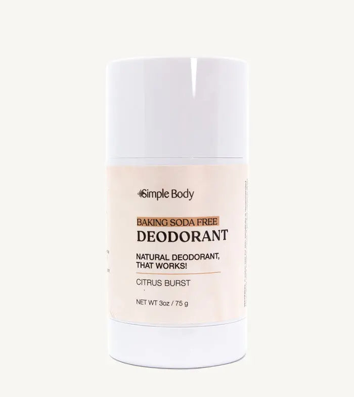 A white stick deodorant with minimal packaging, labeled 'Simple Body Baking Soda Free Deodorant' Citrus Burst in a 3 oz tube.