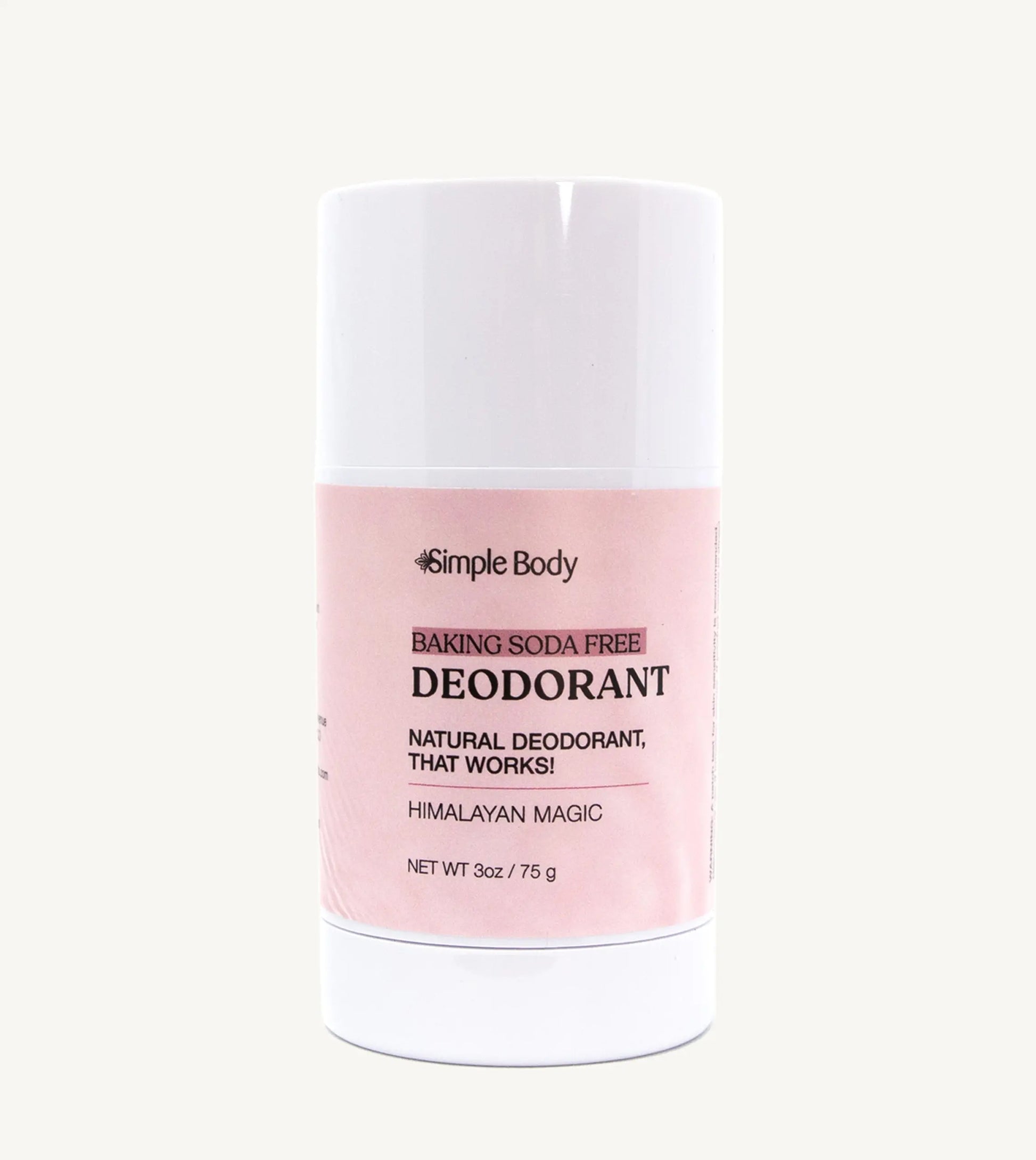 A white stick deodorant with minimal packaging, labeled 'Simple Body Baking Soda Free Deodorant' Himalayan Magic in a 3 oz tube.