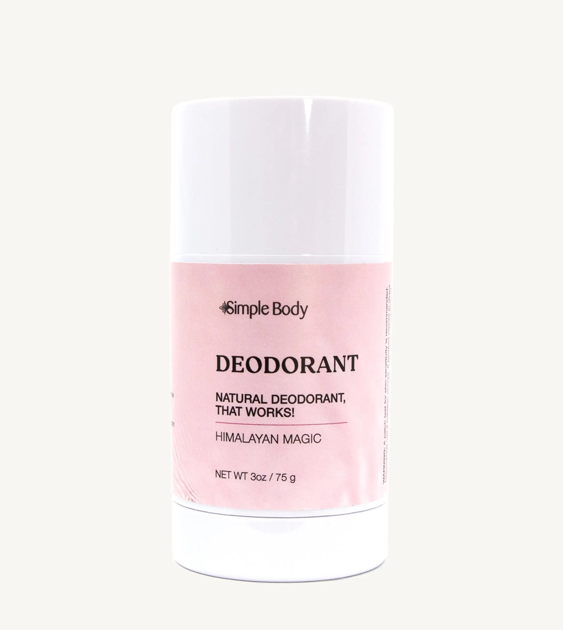 A white tube of Simple Body Deodorant, labeled as 'Natural Deodorant That Works', Himalayan Magic, with net weight of 3 oz / 75g.