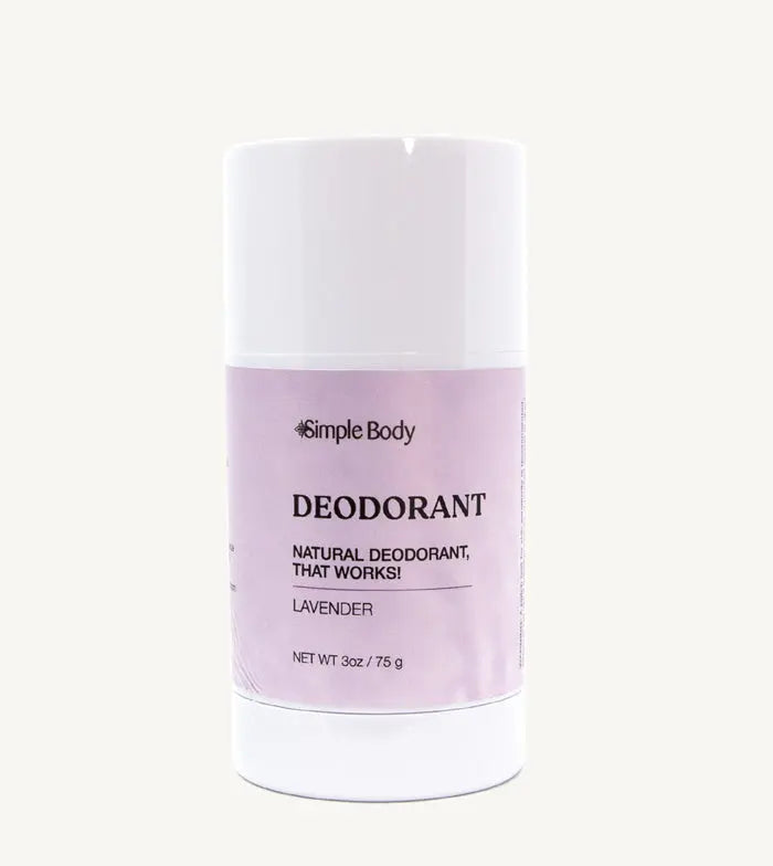A white tube of Simple Body Deodorant, labeled as 'Natural Deodorant That Works', Lavender, with net weight of 3 oz / 75g.