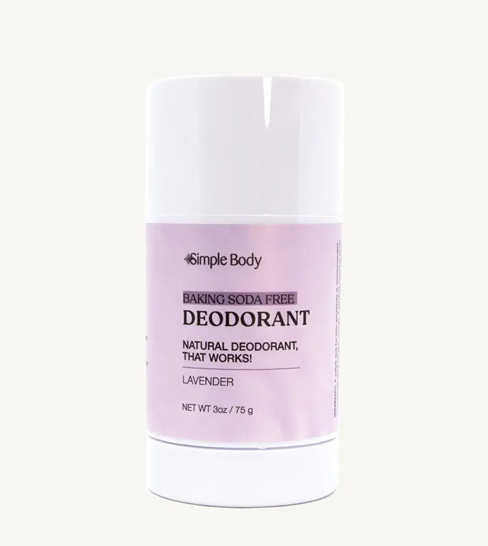 A white stick deodorant with minimal packaging, labeled 'Simple Body Baking Soda Free Deodorant' Lavender in a 3 oz tube.