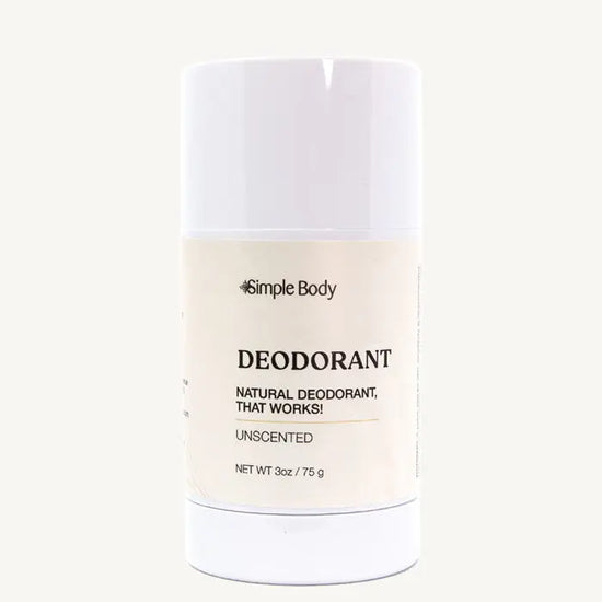 A white tube of Simple Body Deodorant, labeled as 'Natural Deodorant That Works', Unscented, with net weight of 3 oz / 75g.