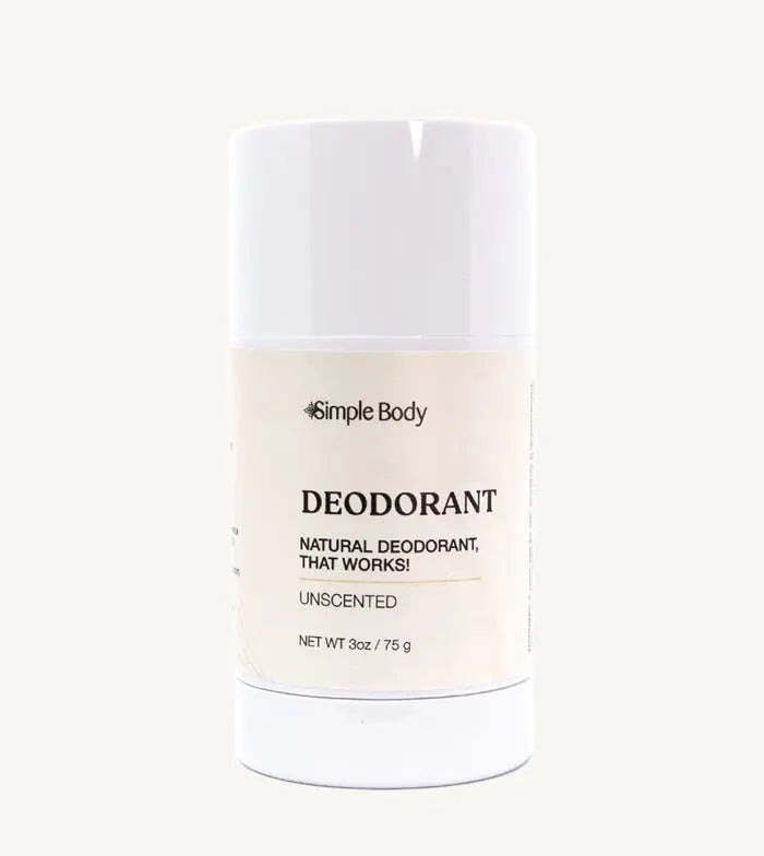 A white tube of Simple Body Deodorant, labeled as 'Natural Deodorant That Works', Unscented, with net weight of 3 oz / 75g.