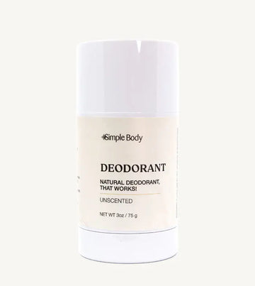 A white tube of Simple Body Deodorant, labeled as 'Natural Deodorant That Works', Unscented, with net weight of 3 oz / 75g.