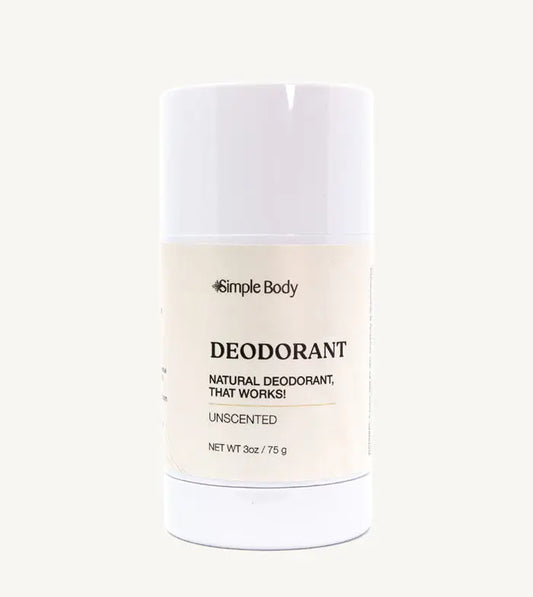 A white tube of Simple Body Deodorant, labeled as 'Natural Deodorant That Works', Unscented, with net weight of 3 oz / 75g.