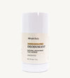 A white stick deodorant with minimal packaging, labeled 'Simple Body Baking Soda Free Deodorant' Unscented in a 3 oz tube.