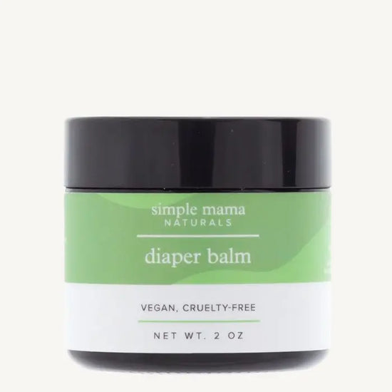 A 2 oz recyclable glass jar of Simple Mama Naturals Diaper Balm, labeled as vegan and cruelty-free.