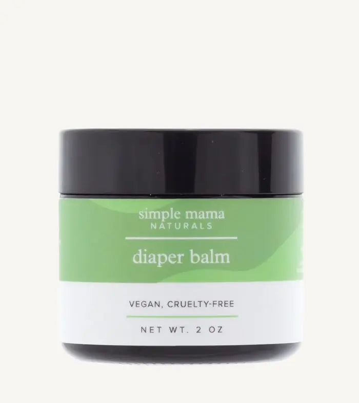 A 2 oz recyclable glass jar of Simple Mama Naturals Diaper Balm, labeled as vegan and cruelty-free.